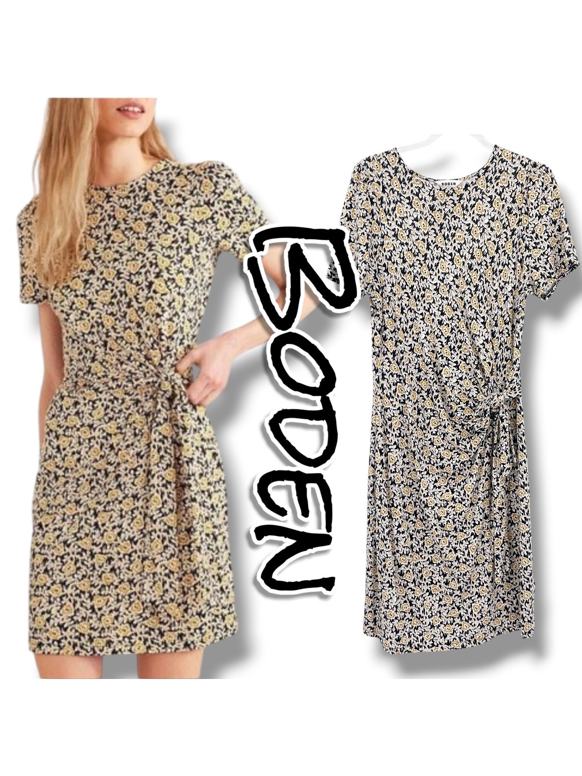 Boden Knot Front Jersey Dress Floral Black Yellow Short Sleeve 12l Cottagecore